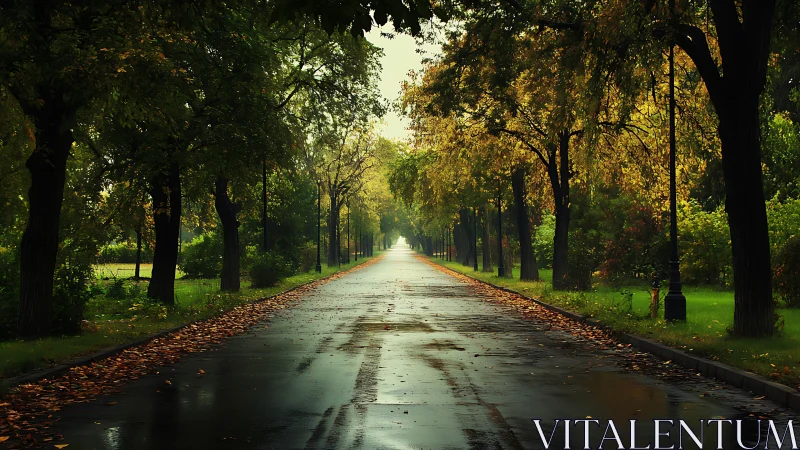 Rain-soaked park avenue under lush autumn tree canopy.