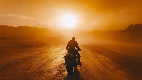 Lone biker crossing sunlit desert road at blazing dusk.