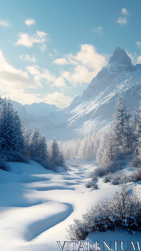 Snow-covered alpine valley extends beneath steep mountain peak