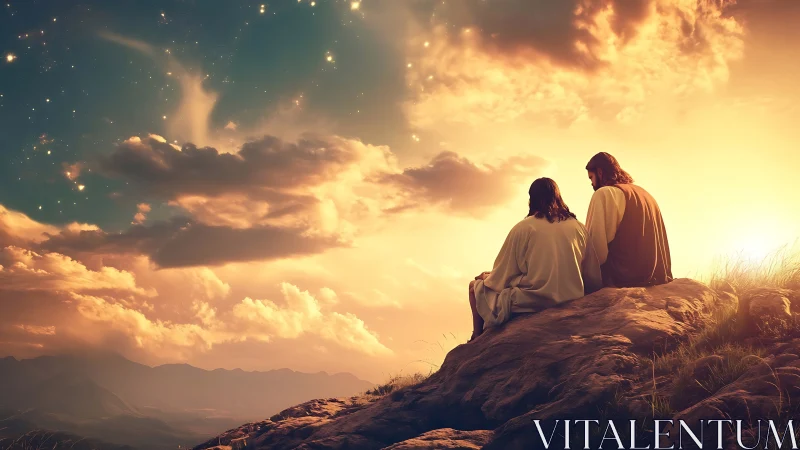 Two robed figures contemplate sunset sky from rocky hillside