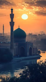 Riverside mosque and minaret under warm sunset light.