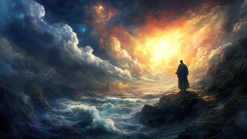 Solitary dreamer greeting the stormlit, glowing horizon.