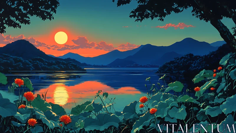 Sunset-lit lake with lotus foreground and layered blue mountains
