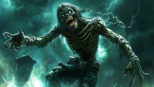 Graveborn lightning ghoul roaring across a storm-torn night.