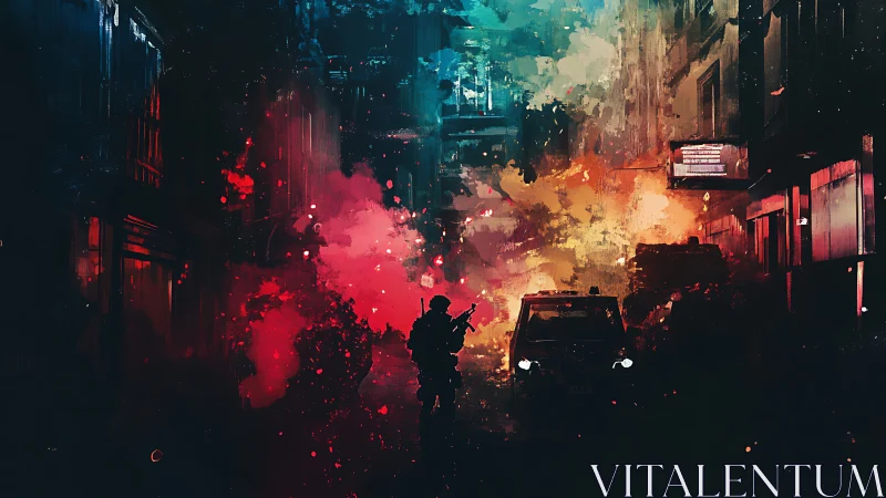 Lone figure walking through neon smoke in a tense city street.