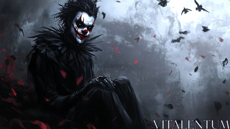 Monochrome demonic clown in ragged feathers under stormy sky