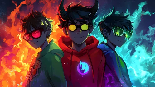 Neon triadic portraits with elemental chromatic backlighting.