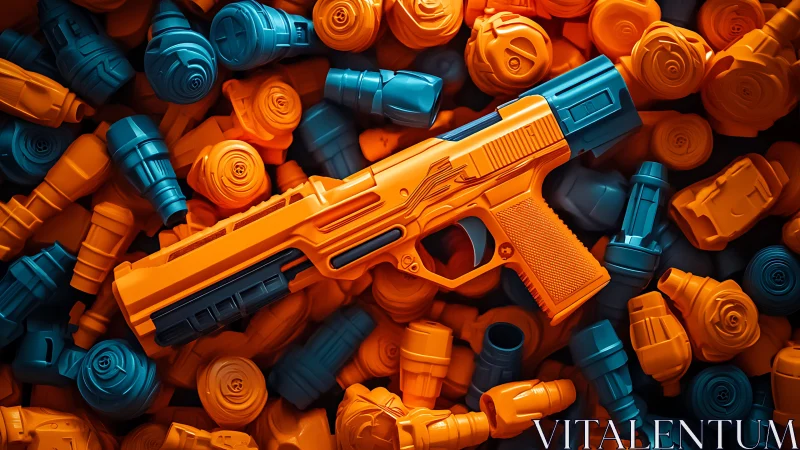 Toy blaster rests amid vivid orange and teal darts.