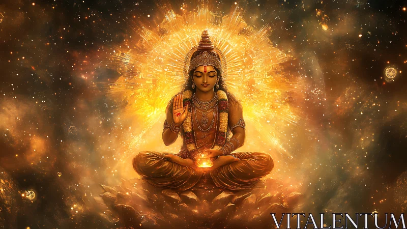 Radiant celestial goddess sits in lotus amid cosmic light.