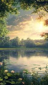 Sunlit riparian lake with waterlilies and dense summer foliage