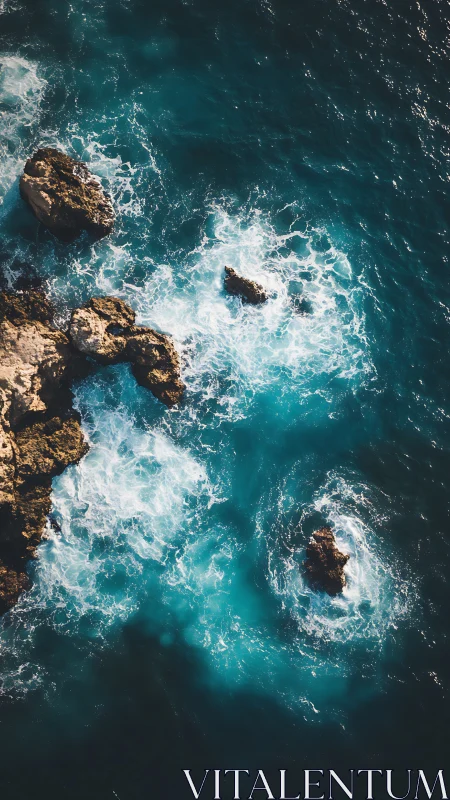 Waves crash against coastal rocks in a vertical aerial view