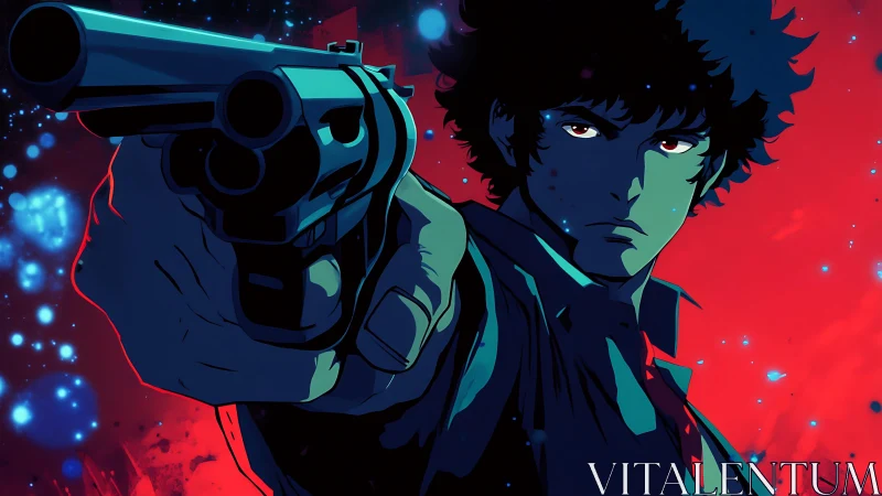 Stoic gunman in neon-lit anime noir with intense gaze.