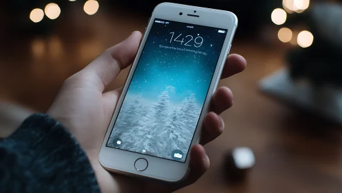 Smartphone displays snowy landscape at 14:29 with winter forest wallpaper.