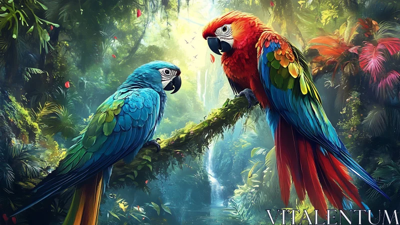 Vibrant Macaws on Mossy Branch in Lush Digital Rainforest Art.