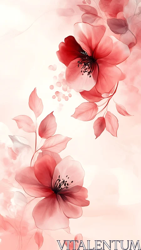 Red petals descend in watercolor reverie.