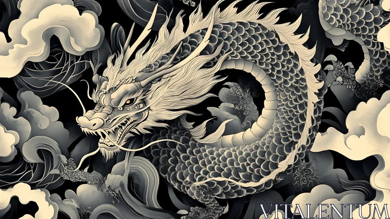 Monochrome oriental dragon coils through storm clouds.