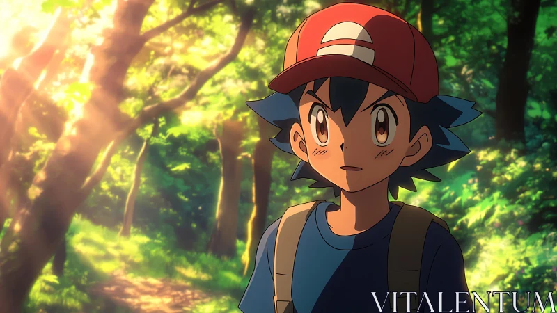 Anime boy in red cap walking through sunlit forest path.