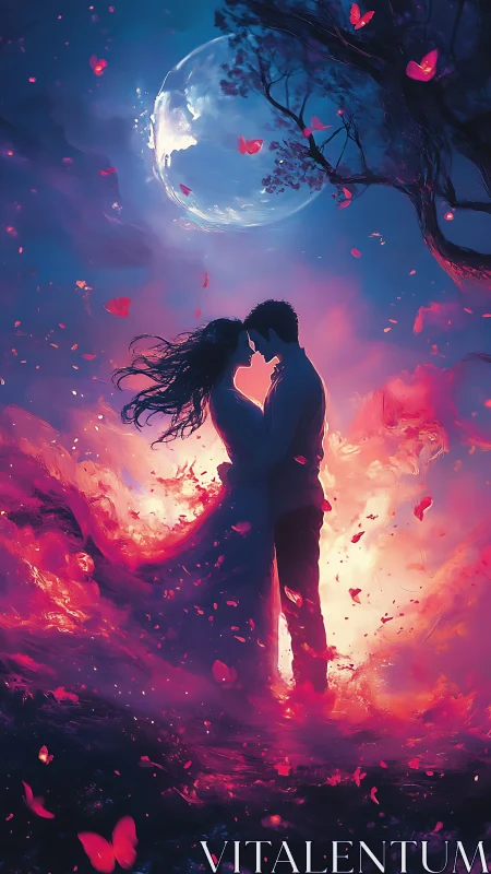 Two souls embrace beneath a glowing moon and dancing lights