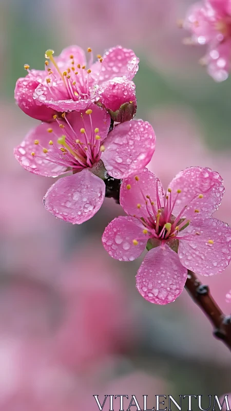 Pink flowers with water droplets on branch.