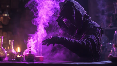 Hooded figure conducts laboratory procedure amid purple vapor