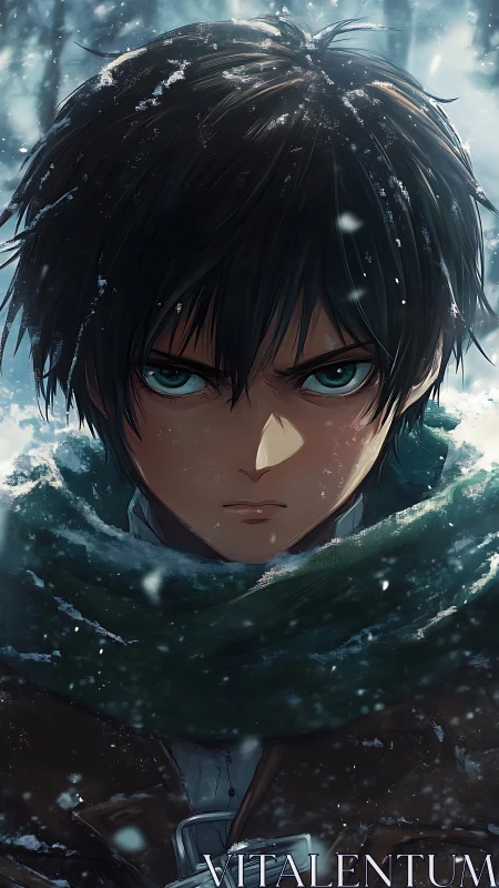 Snow-laden anime warrior with glacial gaze and scarfed profile.