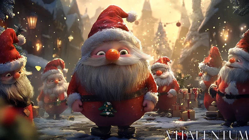 Cute stylized Santas crowd snowy village street scene.