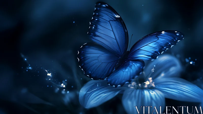 Blue butterfly rests on glowing petal in deep moonlit haze.