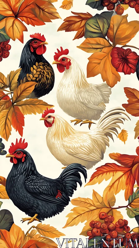 Farmyard Poultry and Autumn Foliage Pattern.