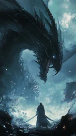 Dragon towers over lone cloaked warrior in stormlit chasm