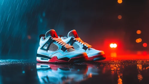 High-contrast sneakers glow on wet neon-lit city street.