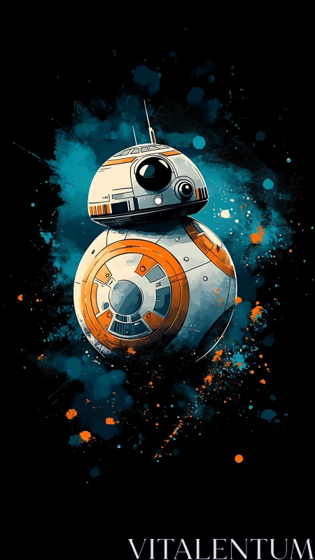 Digital painting of spherical droid on splatter space field.