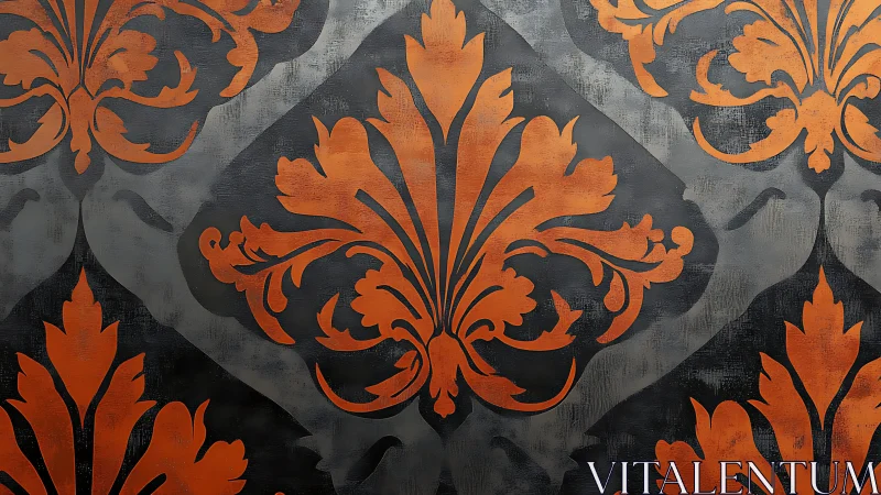 Ornate copper damask pattern shimmers on moody charcoal ground