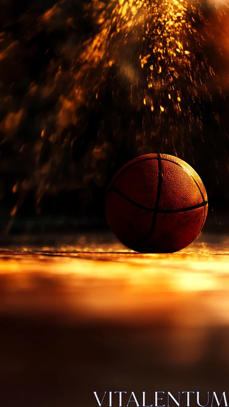 Basketball rests on wet court under dramatic golden light