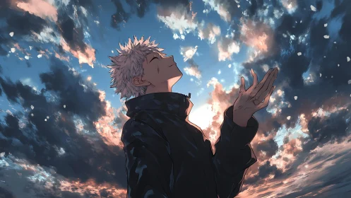 Male figure in profile stands under dense evening cloud cover