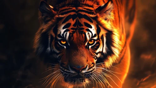 Predatory tiger portrait in molten amber rim lighting.