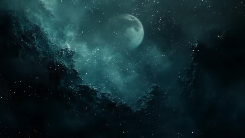 Moonlit celestial clouds drift through a starry teal night.