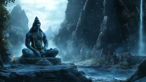 Majestic blue deity meditates within misty mountain temple.