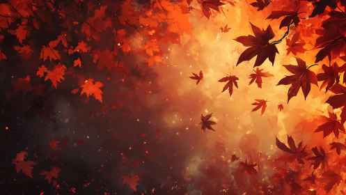 Digital painting of autumn maple canopy with radiant bokeh field.