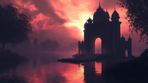 Silhouetted riverside palace under vivid red sunset sky.