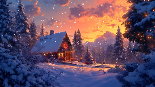 Snow cabin glows under blazing winter sunset sky.