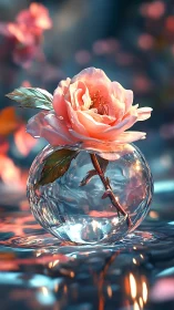 Blush rose in glass orb vase over reflective liquid surface.