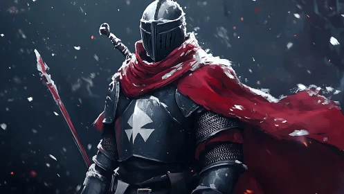 Crimson‑cloaked black knight in snow, cinematic battle stance.
