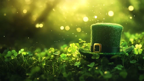 Sunlit leprechaun hat rests softly among glowing clovers