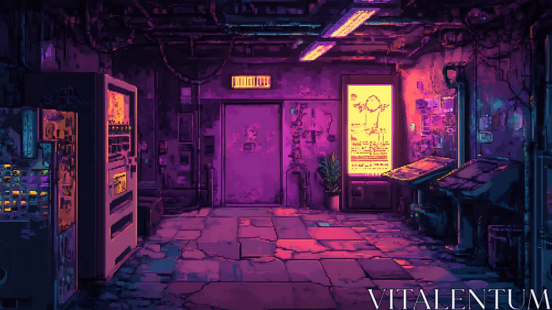 Dim corridor shows industrial equipment in neon-lit basement