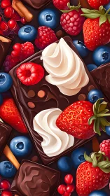 Digital chocolate dessert with berries and whipped cream details