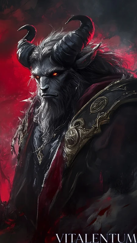 Horned infernal warlord in red-tinged atmospheric digital portrait.
