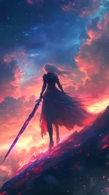 Backlit warrior silhouette on ember ridge under nebula sky