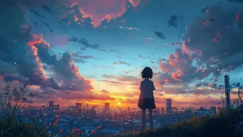 Sunset skyline observed by solitary anime silhouette figure.