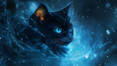 Sapphire Feline Emerges Through Luminous Cosmic Tempest