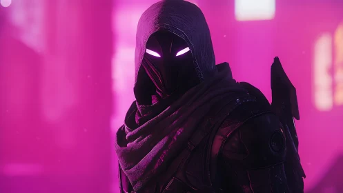 Cybernetic hooded assassin stands in neon magenta haze
